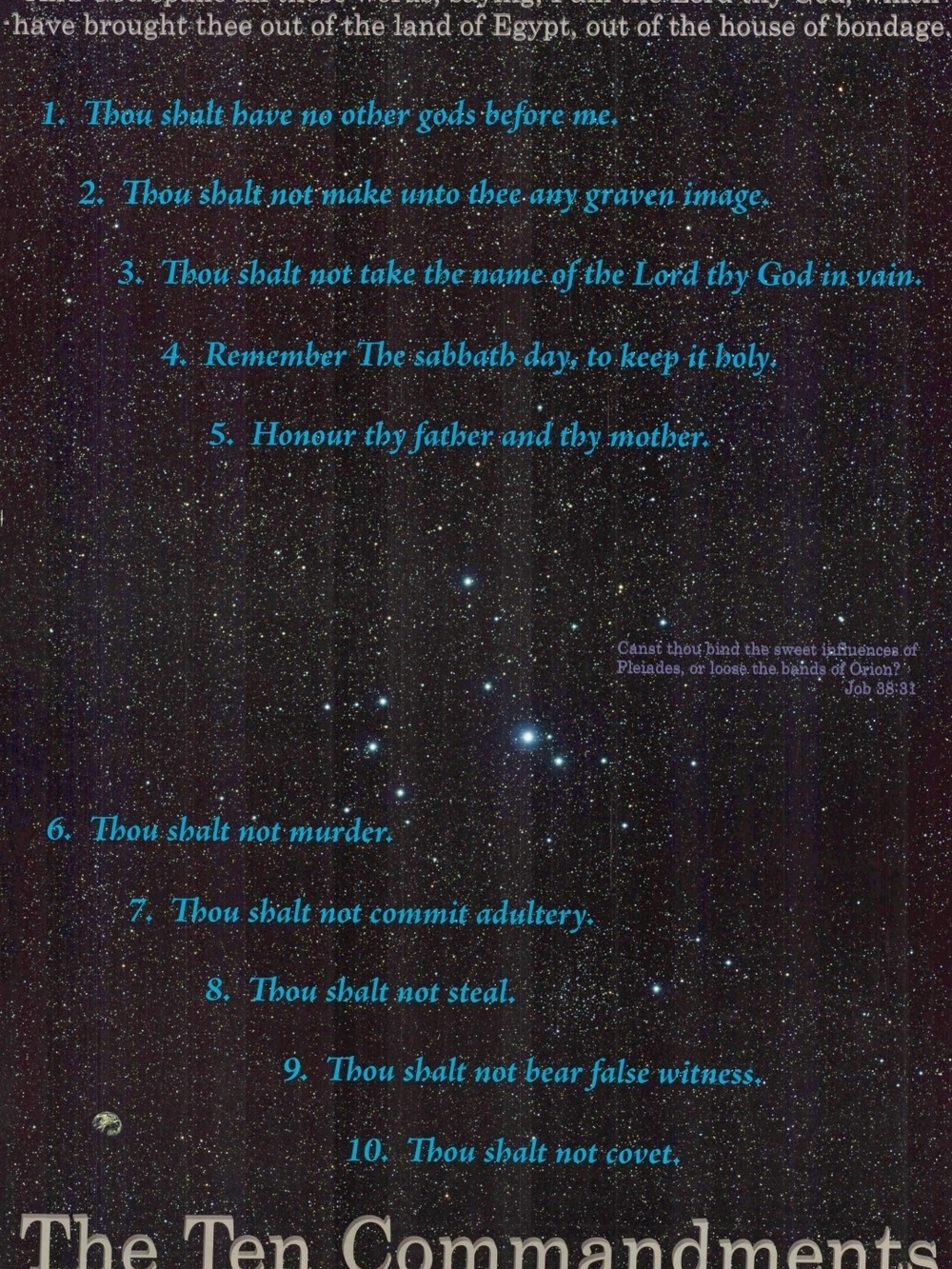 The Ten Commandments Poster in Teal on Starry Background